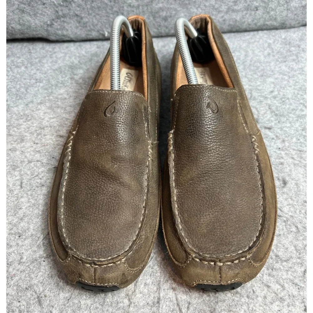 OluKai Moloa Mens Leather Loafers Dark Wood Brown Slip On Shoes Size 10